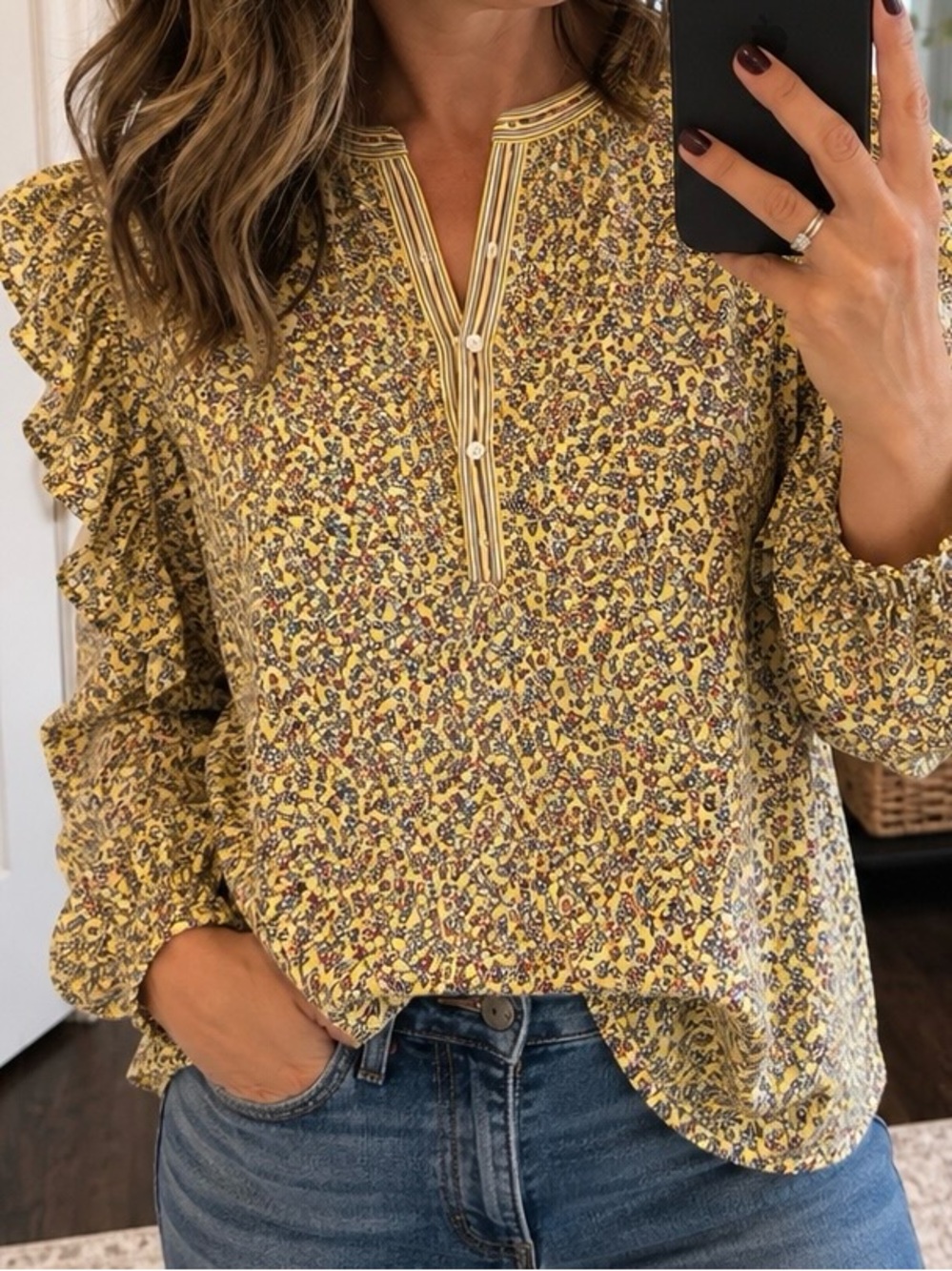 Floral Yellow Blouse with Ruffle Sleeves